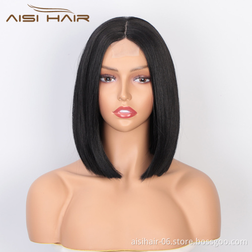 Aisi Hair Wholesale Cheap Vendor Natural Straight Wave Short Bob Lace Frontal Wig Synthetic Hair For Black Women Lace Front Wig